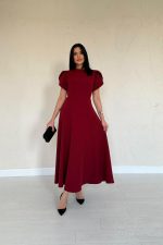 Bordo Arkası Fiyonk Garnili Britli Elbise