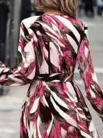 Kadın Uzun Kollu Kruvaze Yaka Belden Kuşaklı Desenli Süprem Elbise - Görsel 3