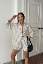 POPLİN ÇİZGİLİ GÖMLEK - ŞORT TAKIM - Bej