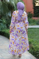 Kadın Uzun Çiçek Yaprak Desenli Belden Bağlamalı Elbise - Görsel 2