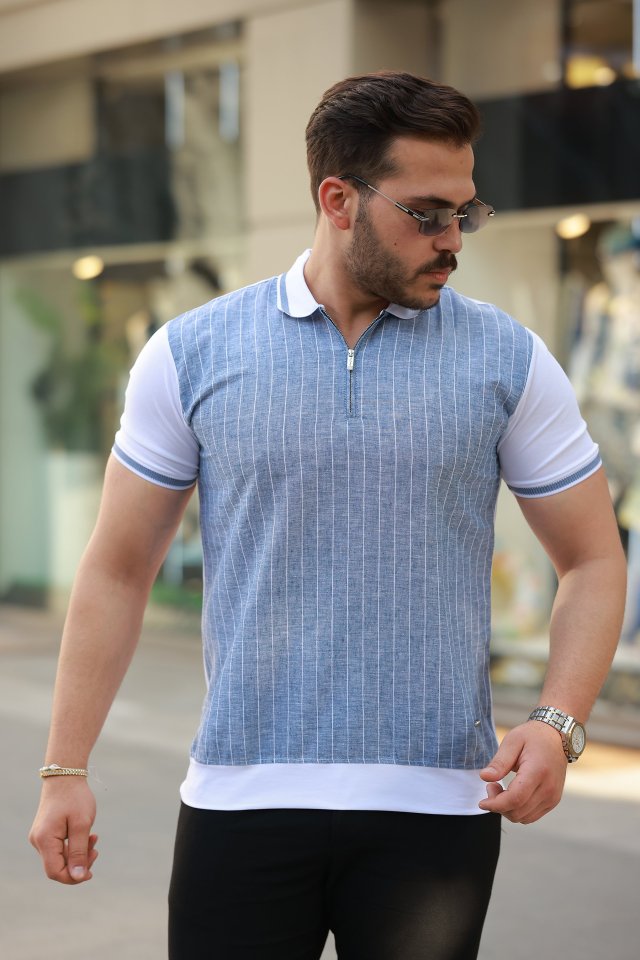 5e6673a43753e159ecfe644e9dac464d Erkek Fermuar Yakalı çizgili Kısa Kollu Tişört - Görsel 1