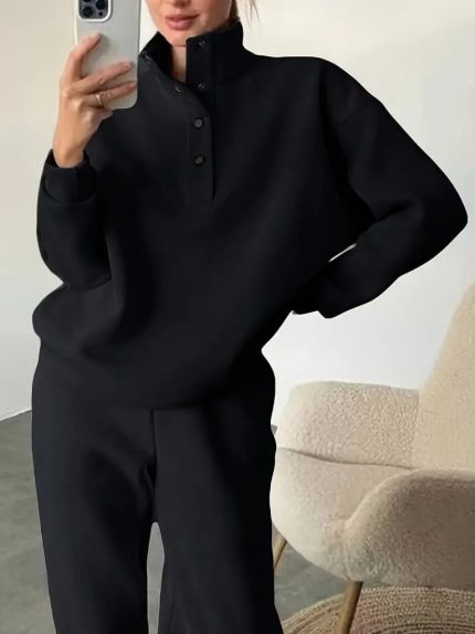 Kadın Uzun Kollu Balıkçı Dik Yakalı Düğmeli üç Iplik Bluz Ve Pantolon Ikili Takım