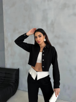 KETEN GÖMLEK-CROP-SALAŞ PANTOLON TAKIM - Siyah - Görsel 2