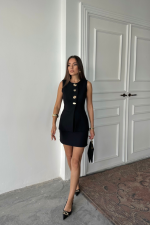 KLASİK GOLD DÜĞMELİ YELEK - KISA ETEK TAKIM - Siyah - Görsel 3