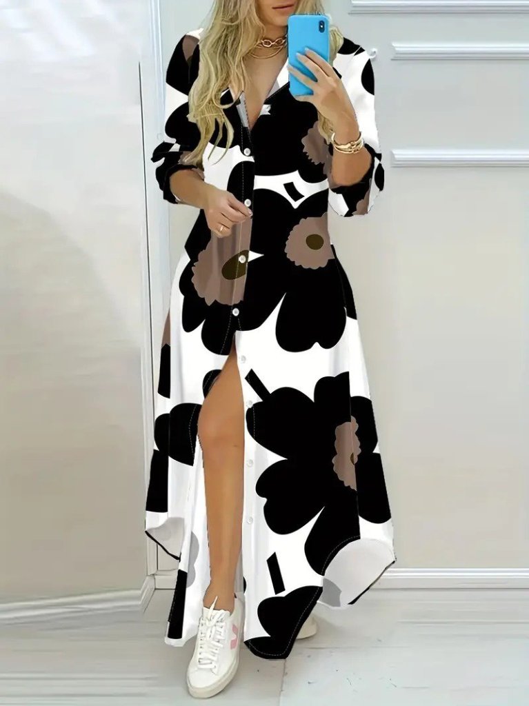 5f170b64b9c740205a02 Kadın Yakalı önden Düğmeli çiçek Desenli Uzun Süprem Elbise - Görsel 1