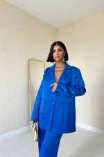 Mavi Saten Ceket Ve Pantolon Takım - Görsel 2