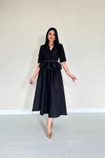 Siyah İnce Kemerli Fırfırlı Ceket Ve Büzgülü Etek Takım