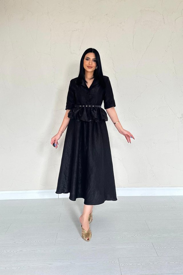 5fbc38f7baef2e69c7b3 Siyah İnce Kemerli Fırfırlı Ceket Ve Büzgülü Etek Takım - Görsel 1