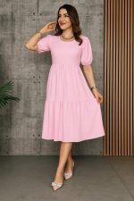 Kadın Kısa Kollu Yakası Açık Katlı Bürümcük Balon Elbise - Görsel 2