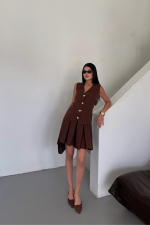 YELEK - PİLELİ ETEK GÖRÜNÜMLÜ ELBİSE - Kahverengi - Görsel 2