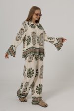 Desenli Kolları Volanlı Pantolon Takım - Haki - Görsel 3