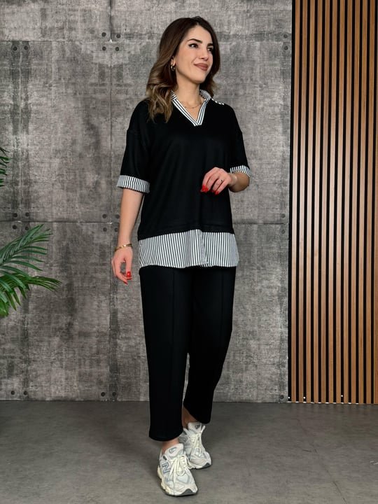 60963d075ffb5546dcdf489c4889b8e1 Kadın Modal Kumaş çizgili Gömlek Yaka Ikili Takım - Görsel 1