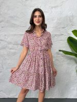 Baskılı Keten Elbise - Lila