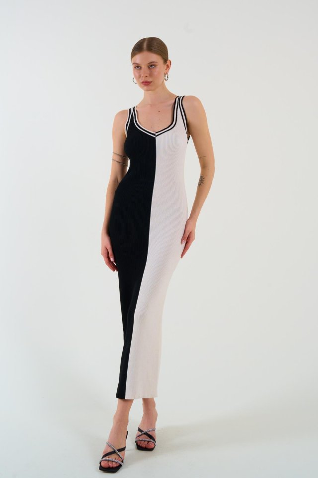 6106173a8f4f1651dc20 İki Renki Kolsuz Elbise - Siyah-Krem - Görsel 1