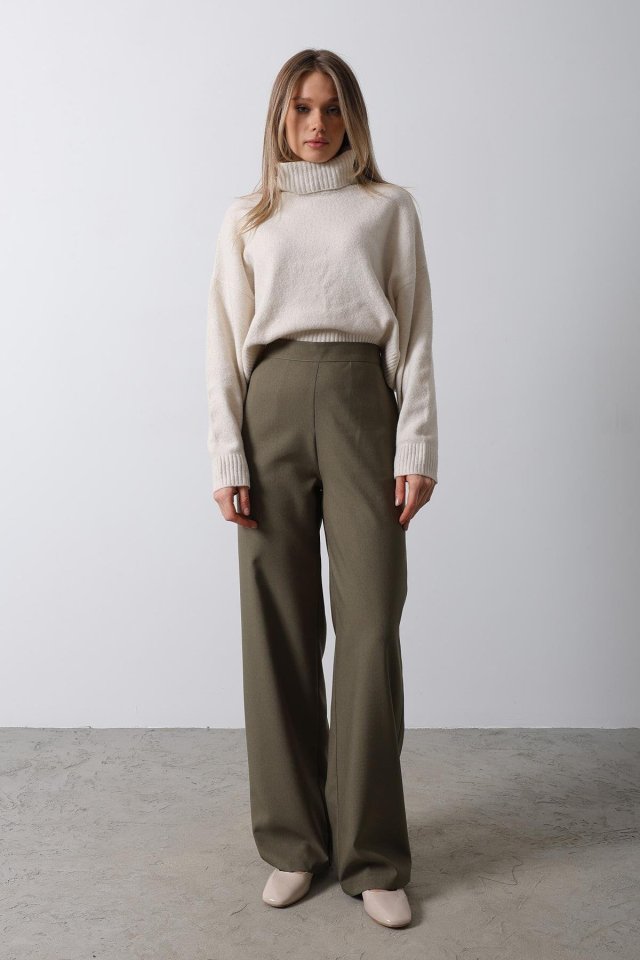 617f332b2a15854d3460 Beli Yarım Lastikli Palazzo Pantolon - Haki - Görsel 1