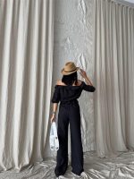 KETEN MADONNA YAKA KOL HASIR ŞERİT - PANTOLON TAKIM - Siyah - Görsel 2