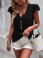 Kadın Kısa Kollu V Yakalı önü Düğmeli Viskon Bluz - Görsel 2