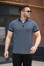 Erkek çizgili Fermuar Yakalı Kısa Kollu Tişört