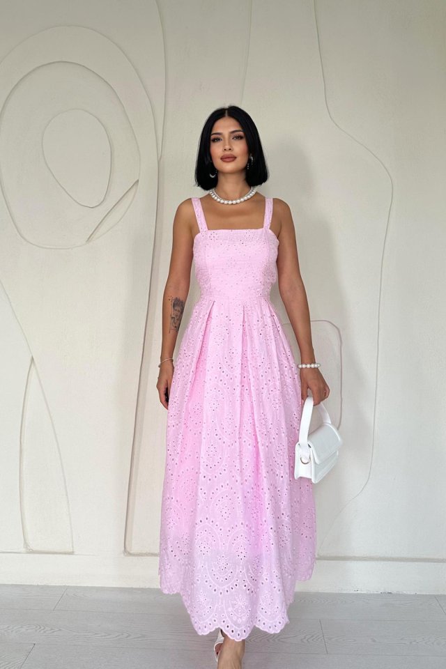 624036696fa6b6e04fe5 Pembe Askılı Aparatlı Brode Elbise - Görsel 1