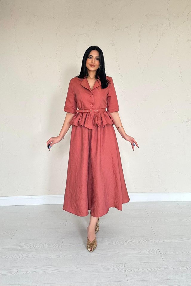 62640678a92bd519e366 Moccah İnce Kemerli Fırfırlı Ceket Ve Büzgülü Etek Takım - Görsel 1