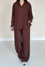 Kahverengi Alice Gömlek Ve Bol Kesim Pantolon Takım - Görsel 3