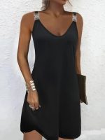 Kadın Askılı V Yakalı Toka Detaylı Janjan Krep Elbise - Görsel 3