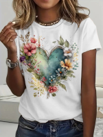 Kadın Kısa Kollu Bisiklet Yaka Kalp Desenli Süprem Bluz - Görsel 3