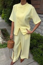 Hakim Yaka Çapraz Düğmeli Plazzo Pantolon Viscon Keten Takım 10209 - Görsel 3