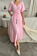 V YAKA BEL BONCUK BAĞLAMALI MÜSLİN ELBİSE YIRTMAÇ DETAYLI - Pembe - Görsel 2