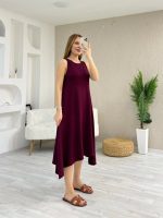 Kadın Askılı Yuvarlak Yakalı Asimetrik Kesim Detaylı Viskon Elbise - Görsel 3