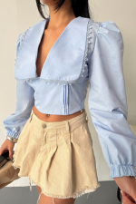 CROP POPLİN GÖMLEK YAKA KENAR DANTEL DETAYLI - Bebe Mavi - Görsel 3