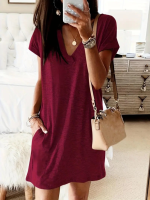 Kadın Kısa Kollu V Yakalı Cepli Kısa Viskon Elbise - Görsel 3