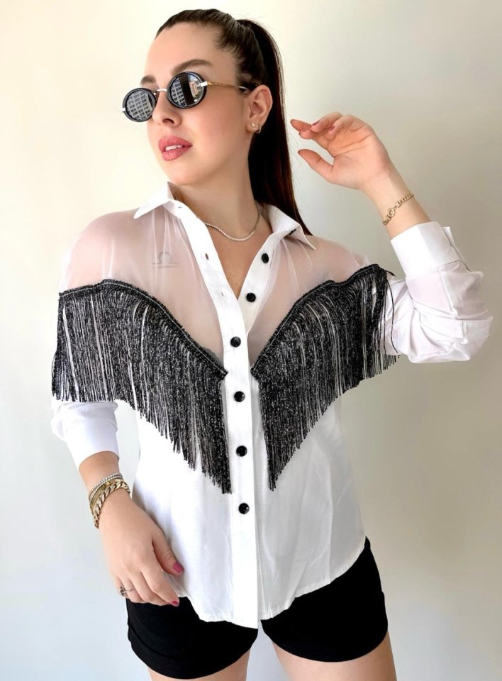 669f0bc28785c294677fb9af7b0d80c6 Kadın Püskül Detay Poplin Gömlek Bluz Fırsat Ürün - Görsel 1