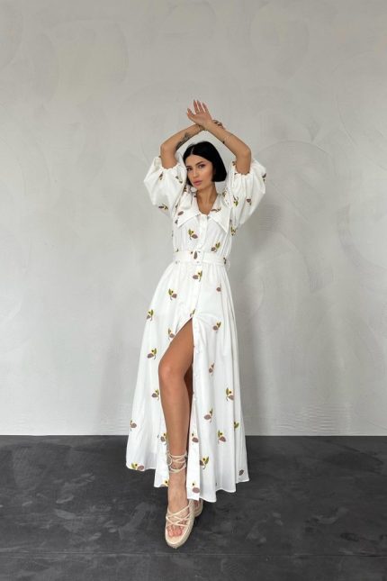 Kahverengi Yakası Çiçek Motifli Kemerli Elbise