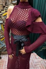 Saten Kuşaklı Ajurlu Triko Elbise 2847 - Görsel 3