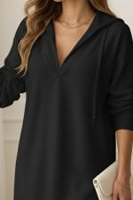 Kadın Uzun Kollu Kapüşonlu Yakası Açık Modal Elbise - Görsel 2