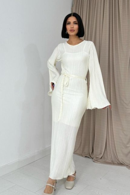 Ekru İspanyol Kol Piliseli Elbise