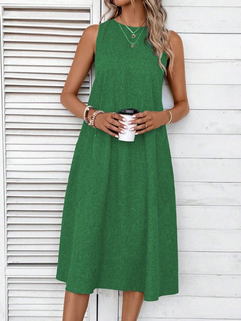 68e44ba2860d479b3415 Kadın Kolsuz Bisiklet Yaka Cepli Midi Keten Elbise - Görsel 1