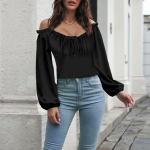 Kadın Uzun Kollu Kare Yaka Göğüs Büzgü Detay Sandy Bluz - Görsel 2