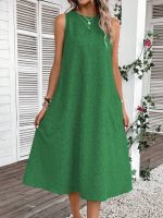 Kadın Kolsuz Bisiklet Yaka Cepli Midi Keten Elbise - Görsel 2