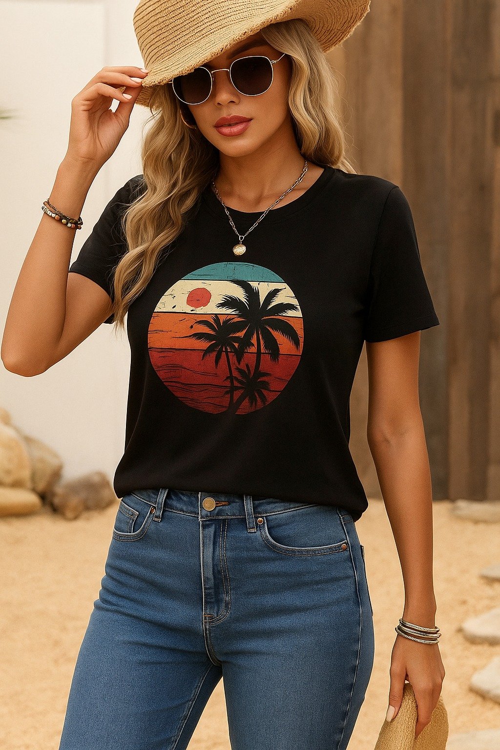 6952763c4cf2ca7add1a995b843df8ff Kadın Kısa Kollu Palmiye Baskılı Viskon T-shirt - Görsel 1