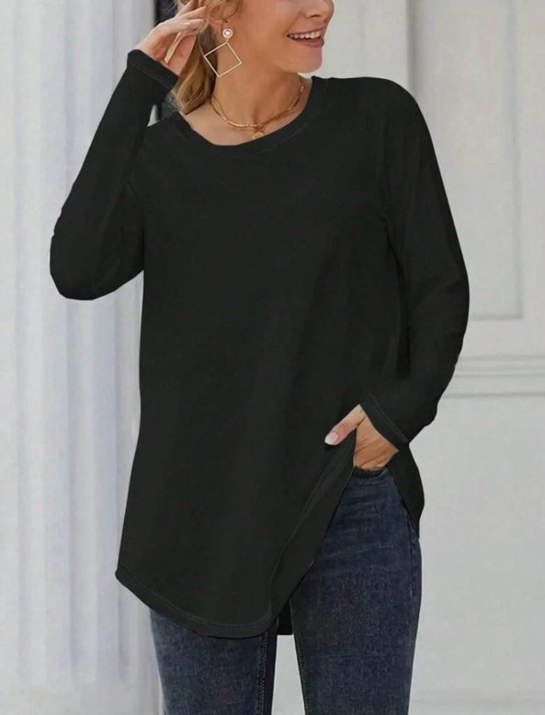 696558b5d4229745df00 Kadın Uzun Kollu Yuvarlak Yaka Salaş Iki Iplik Bluz - Görsel 1