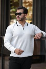 Erkek Yakaları çizgi Detaylı Selanik örme Triko