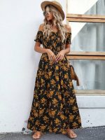 Kadın Kısa Kollu Madonna Yaka Yırtmaçlı çiçek Desenli Süprem Elbise - Görsel 3