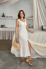 KETEN KOLSUZ KARE YAKA DÜĞME DETAYLI ELBİSE - Beyaz - Görsel 3