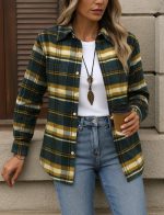 Kadın Uzun Kollu Kare Desenli önden Düğmeli Dokuma Gömlek - Görsel 3