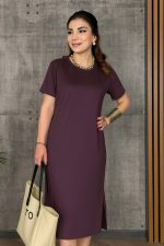 Kadın Kısa Kollu Bisiklet Yaka Yırtmaçlı Viskon Iki Iplik Elbise