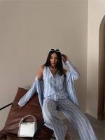 ÇİZGİLİ CEKET KETEN - Mavi - Görsel 3