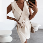 Kruvaze Yaka Kuşaklı Krep Kumaş Elbise - Görsel 3