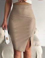 Kadın Fermuarlı Deri Kumaş Mini Etek